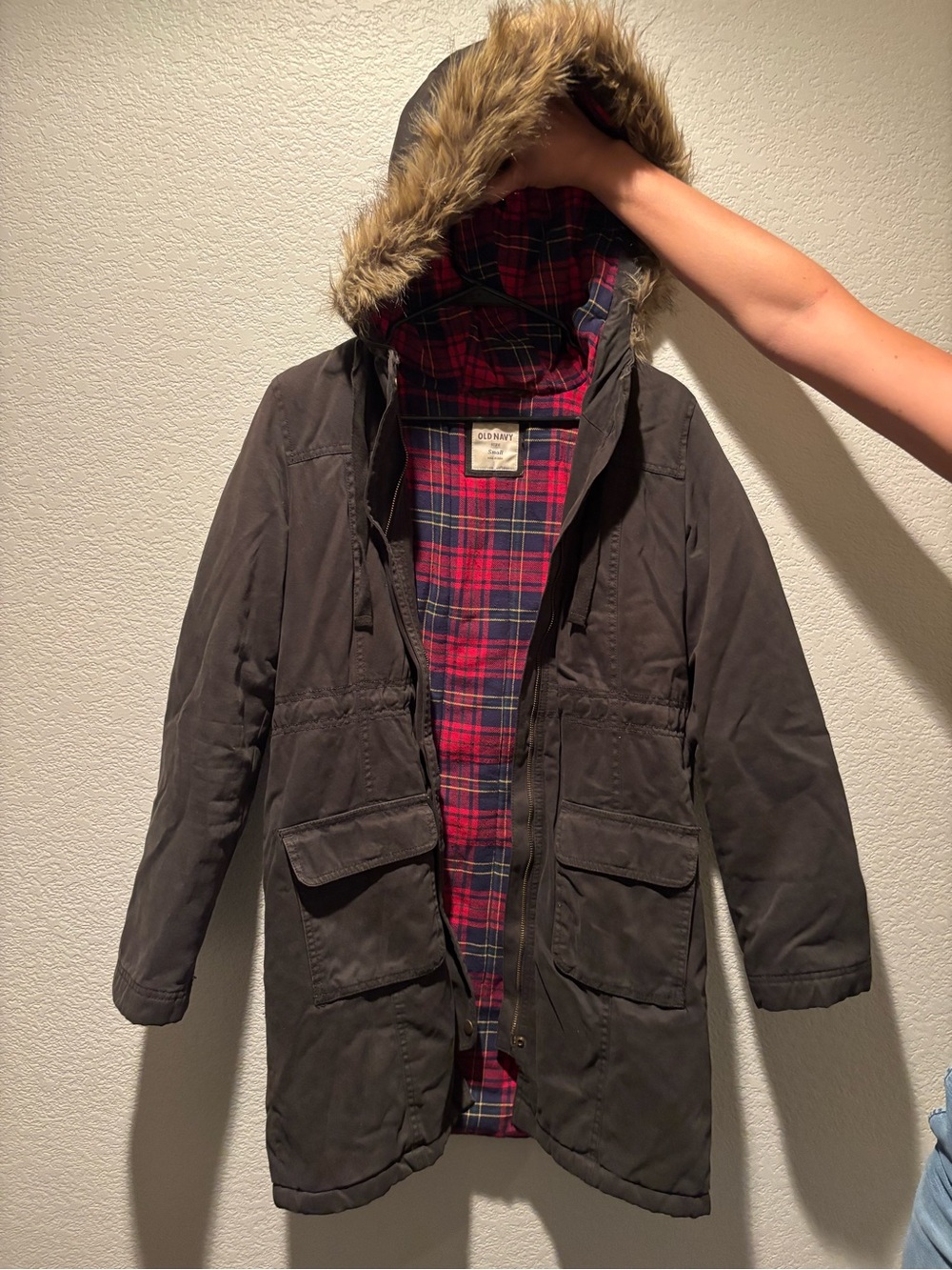 Old Navy Men's Brown Parka with Faux Fur Hood and Red Plaid Lining